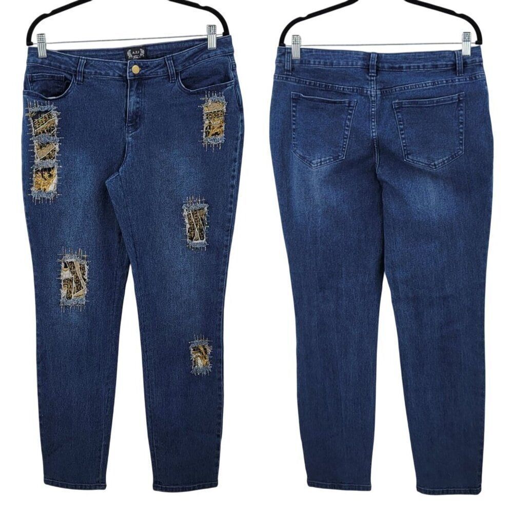 A.Z.I Womens Distressed Skinny Jeans Sz 10 Stretch Blue Denim‎ Gold Patchwork